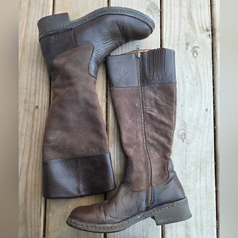 Born Size 8 Riding Boots, Lined Tobacco Brown Leather And Suede